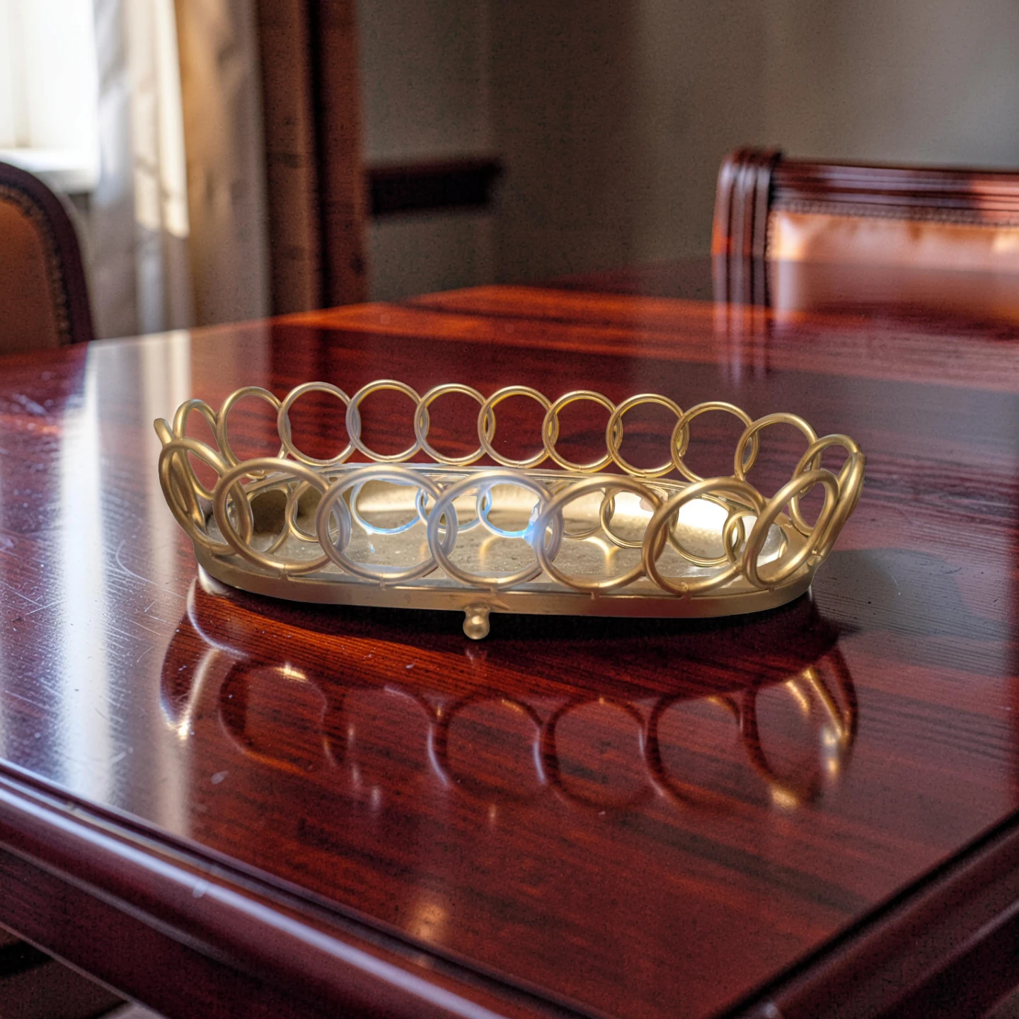 Ornate Goldtone Metal Tray with Mirrored Base - photo 2