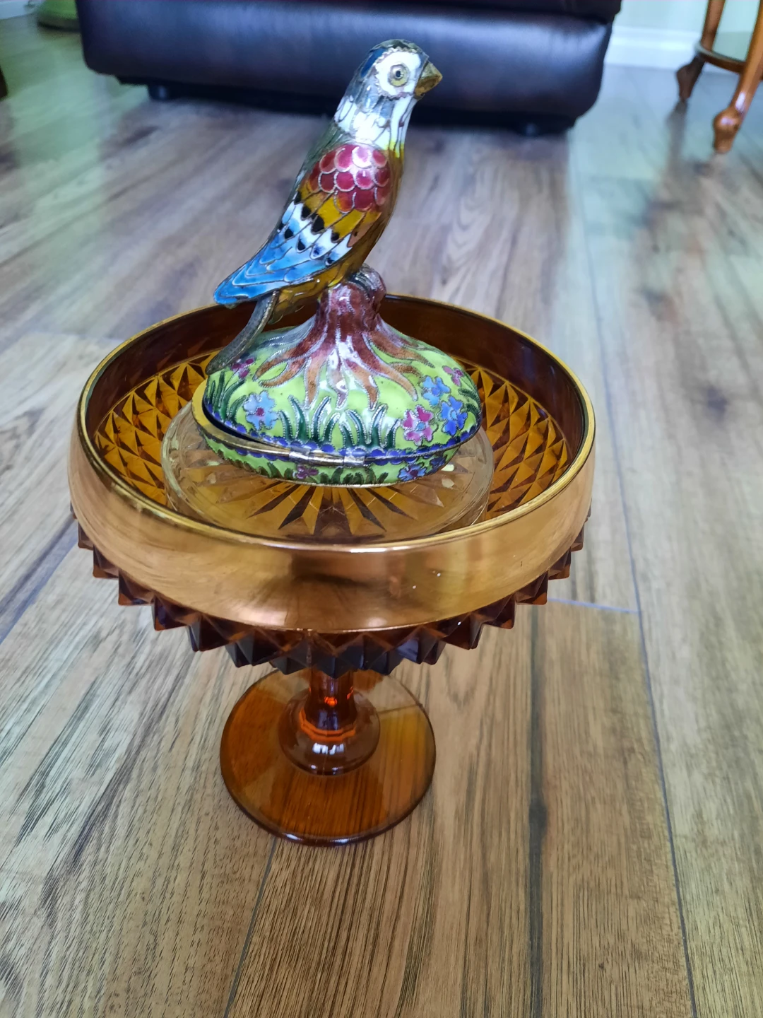 Amber glass compote dish with decorative bird lid - photo 2