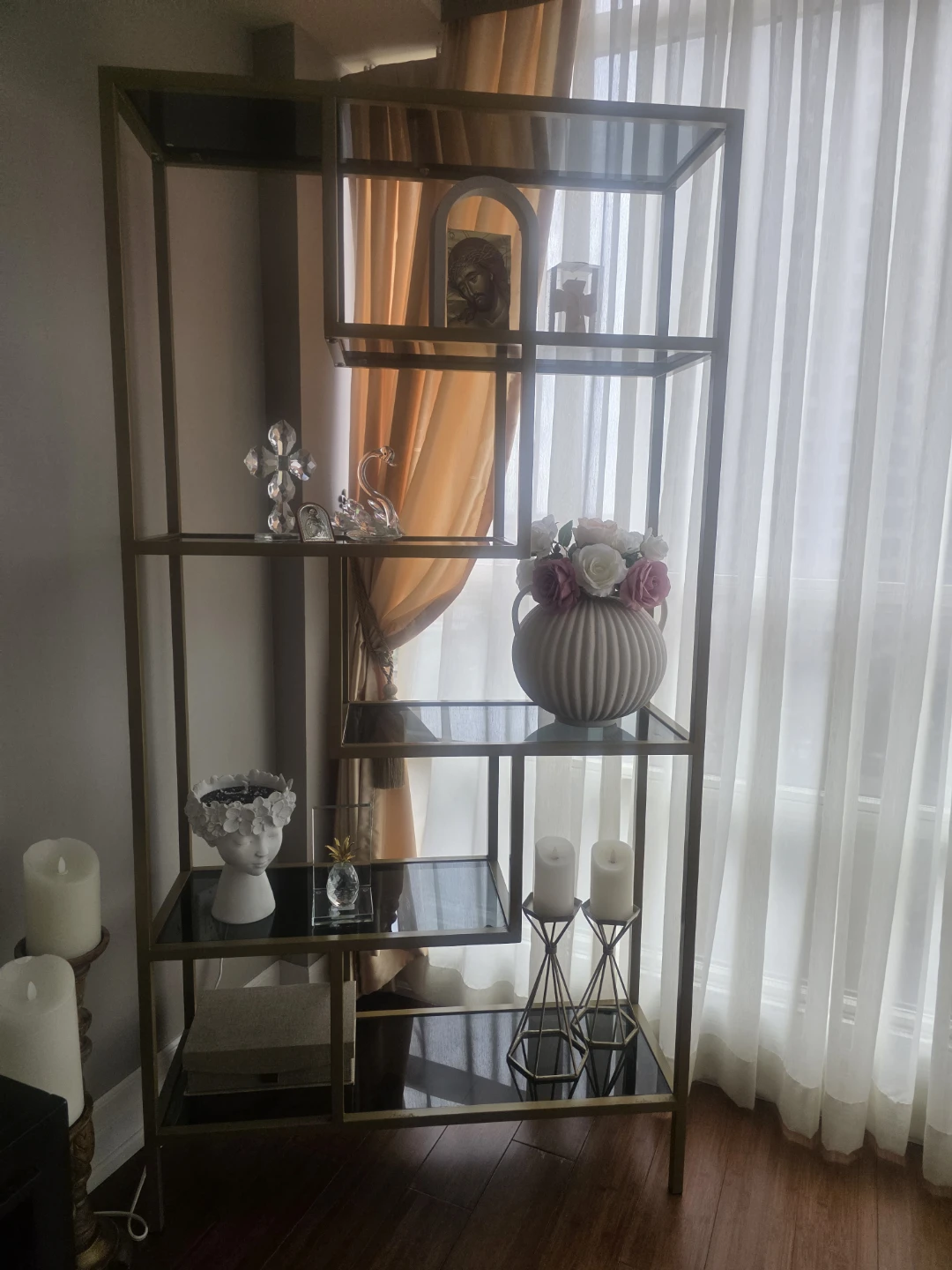 Gold Metal and Black Glass Bookshelf