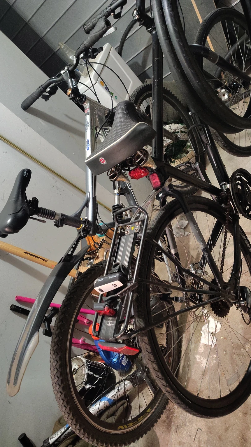 Black Hybrid Bike with Rack and Lights