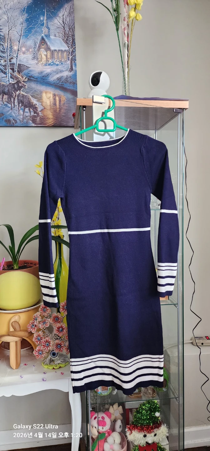 Navy Blue Knit Dress with White Stripes