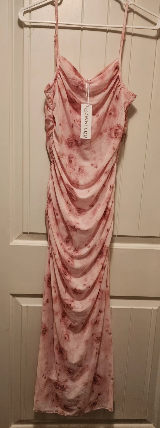 Pink Floral Ruched Mesh Dress - XS