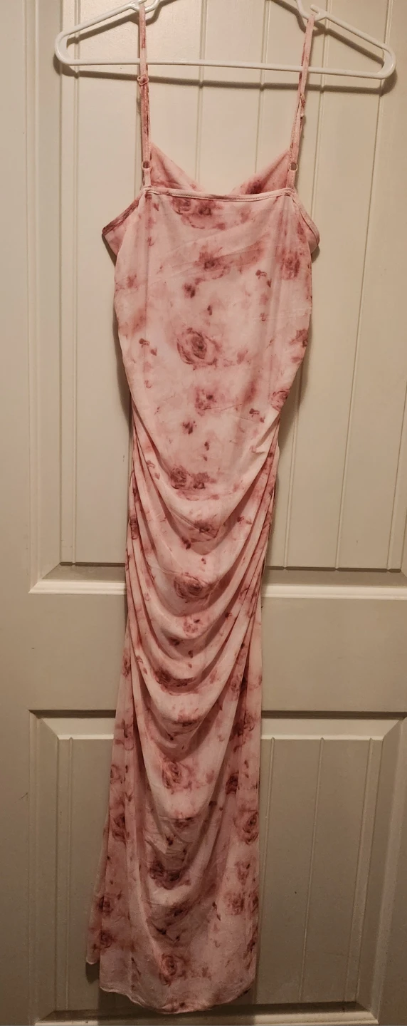 Pink Floral Ruched Mesh Dress - XS - photo 2