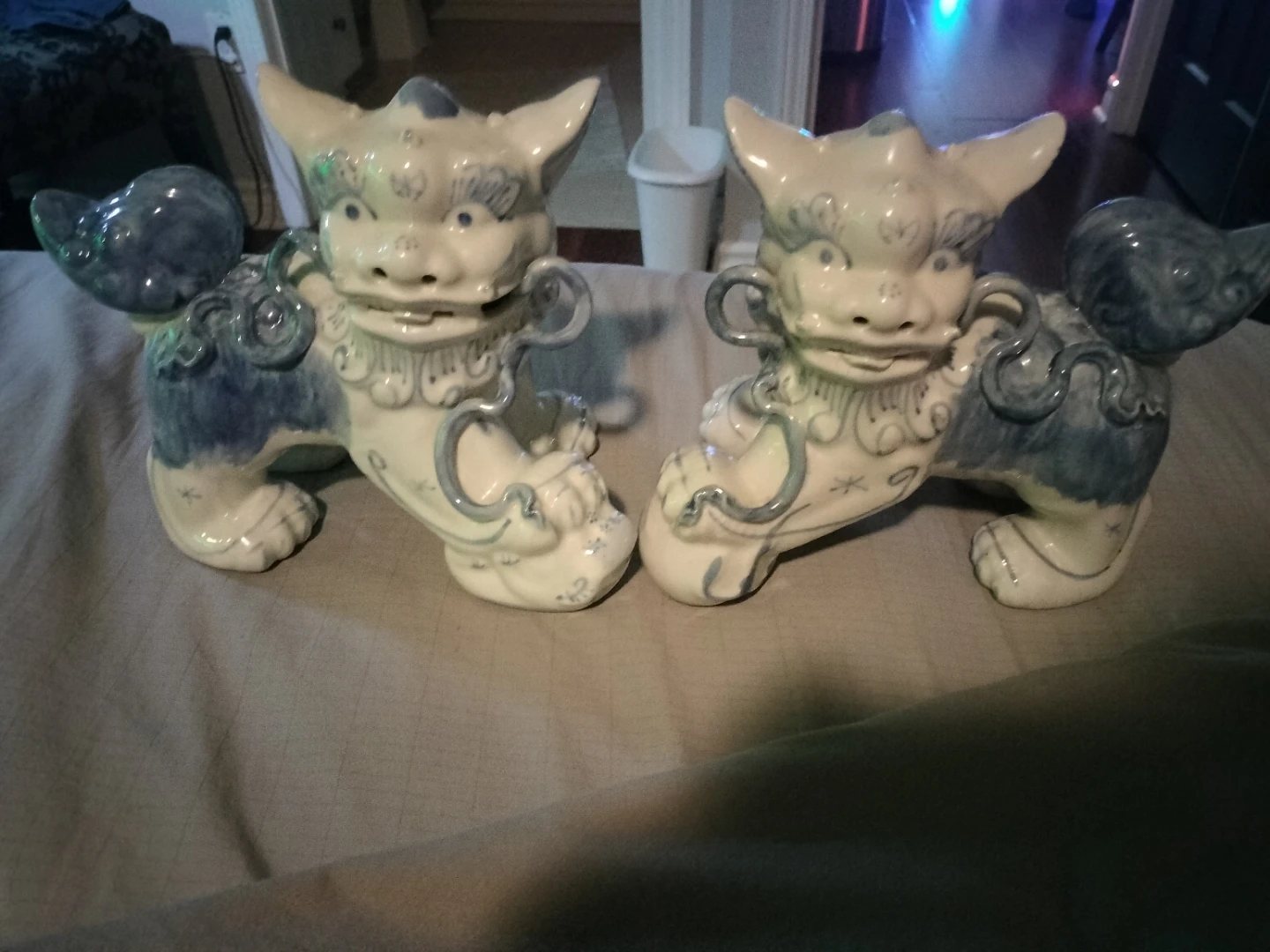 Pair of Blue and White Foo Dog Statues