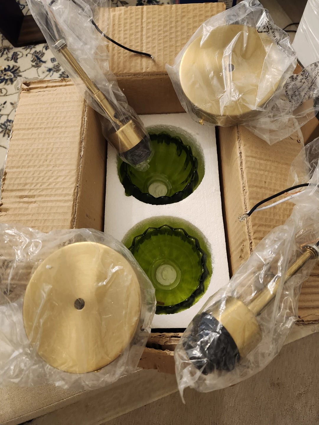 Set of 2 Green Glass Pendant Light Shades with Brass Fixtures - photo 4
