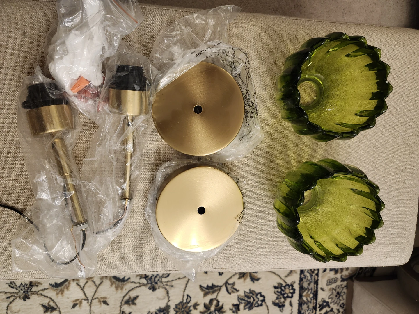 Set of 2 Green Glass Pendant Light Shades with Brass Fixtures - photo 3