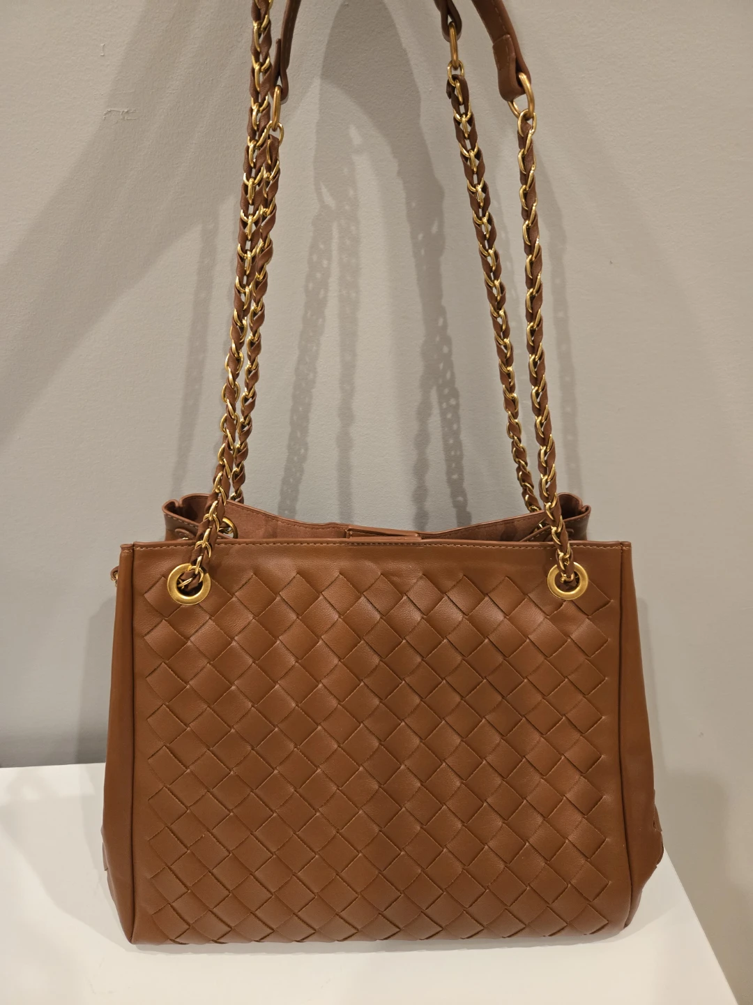 Brown Woven Faux Leather Shoulder Bag with Matching Pouch