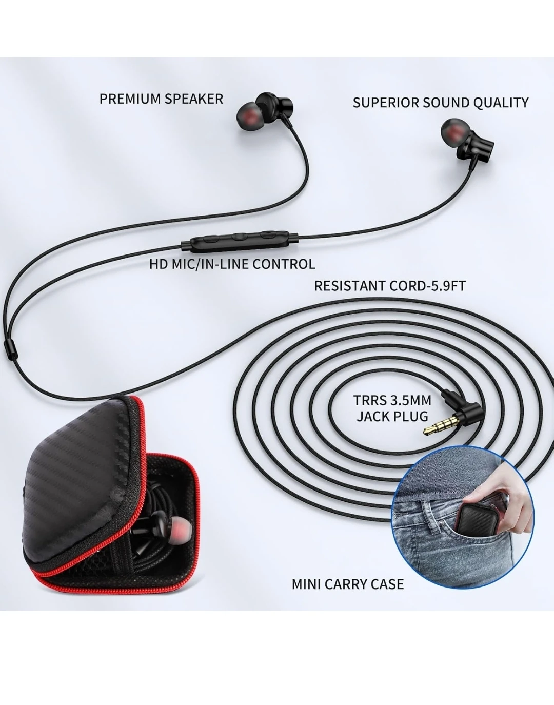 Noise Cancelling, 1.8m /5.9 ft Wired microphone earbuds