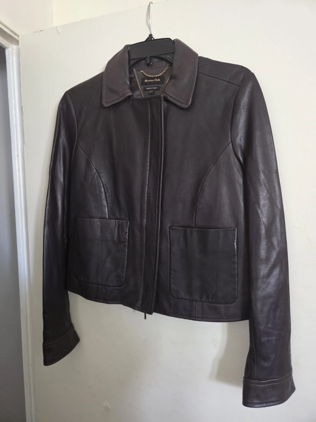 Massimo Dutti Women's Dark Brown Leather Jacket Size M