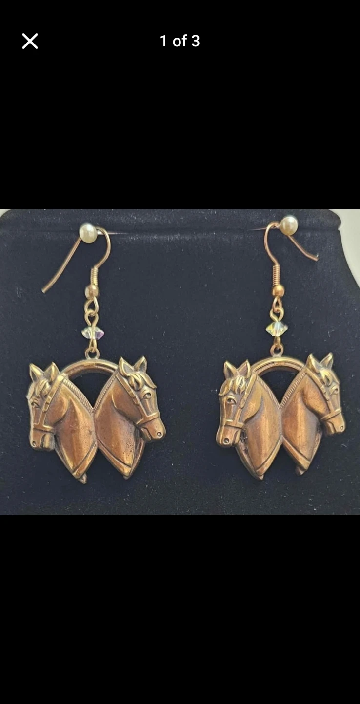 Vintage Brass Dangle Earrings Horses Heads