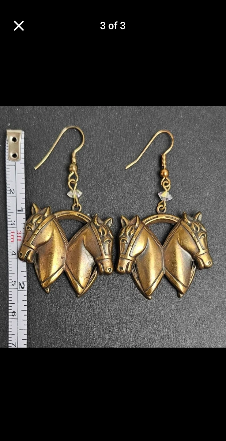 Vintage Brass Dangle Earrings Horses Heads - photo 3