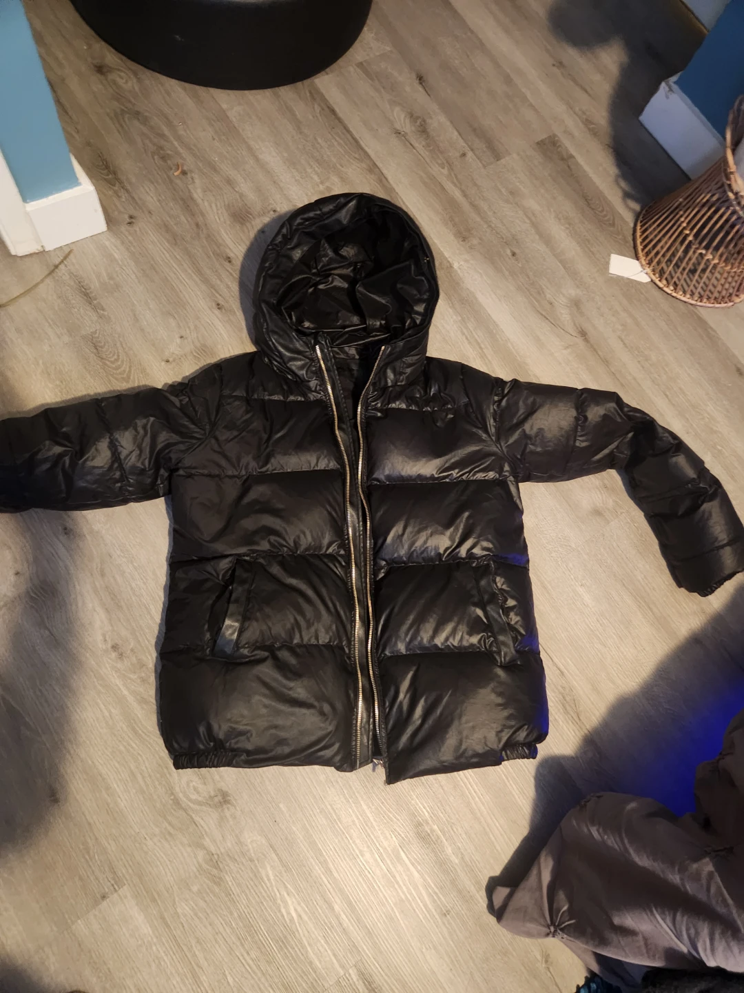 Black Puffer Jacket with Gold Zipper