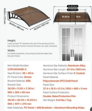 Brown Polycarbonate Door Awning 38" x 40" - photo 2
