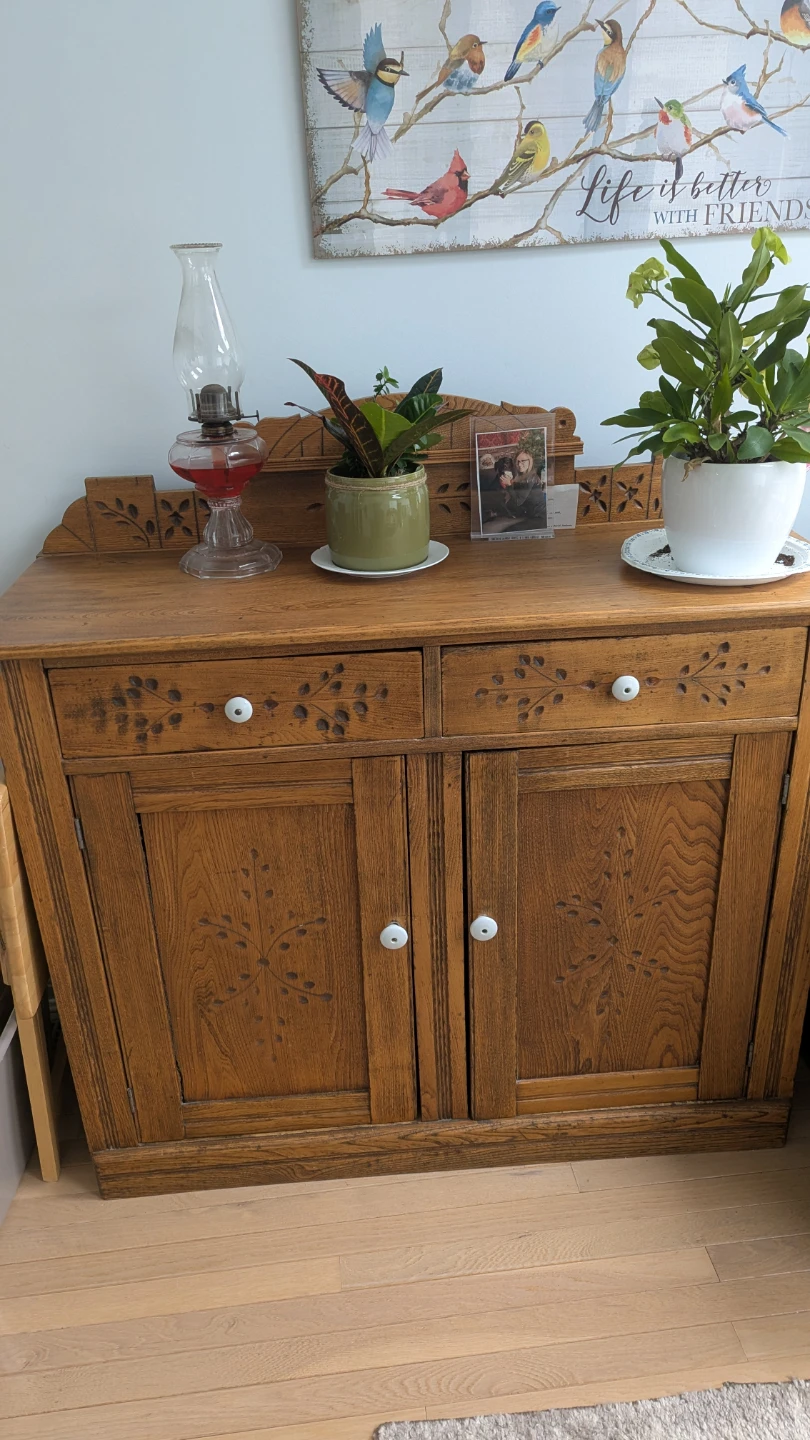 Antique Oak Sideboard Cabinet with Carvings