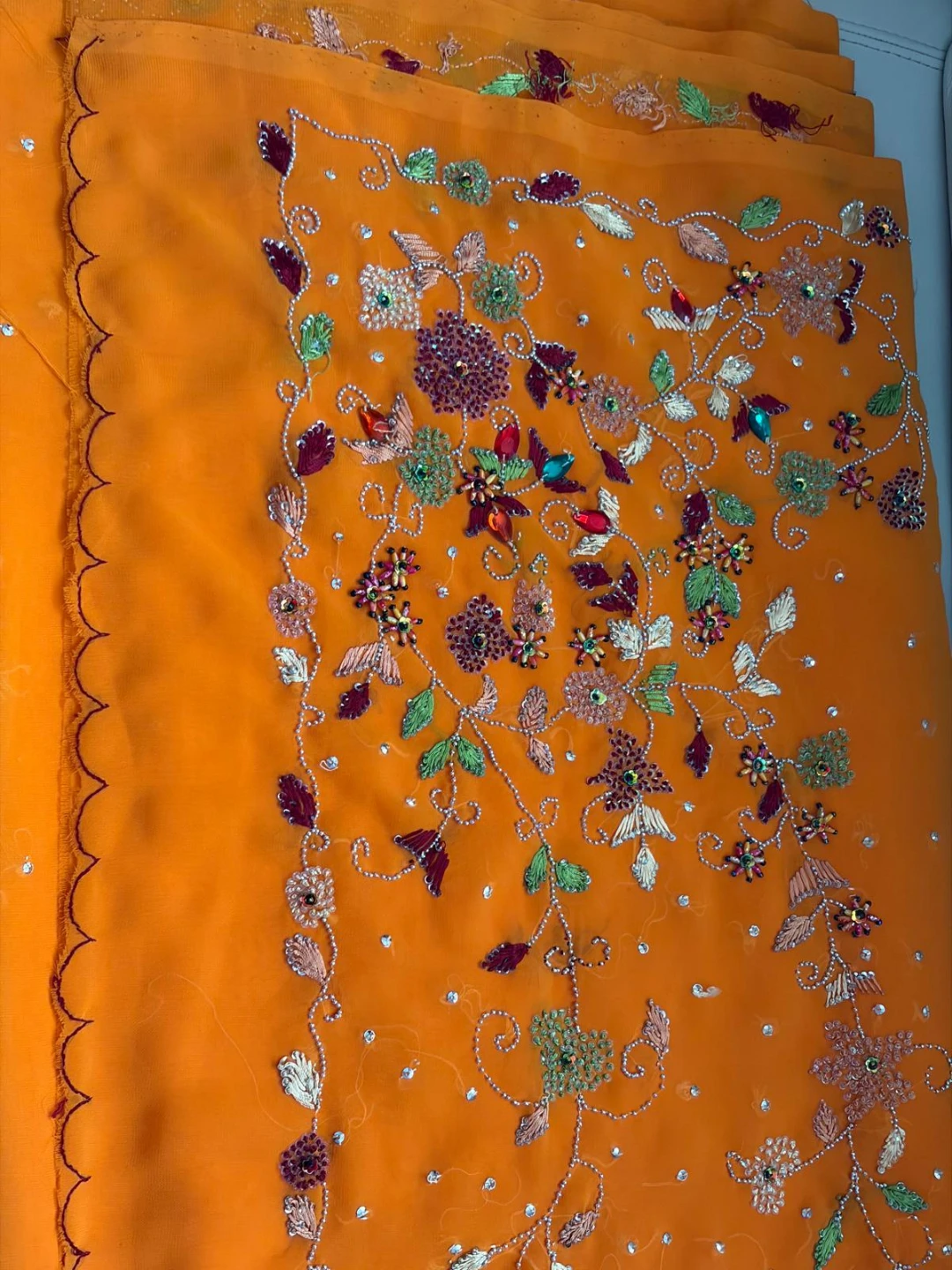 Orange Embroidered Fabric with Beads and Sequins saree - photo 2
