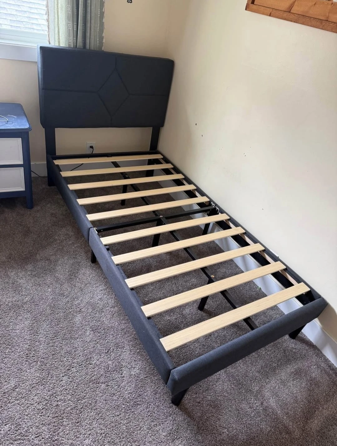 Dark Grey Upholstered Twin Bed Frame with Headboard - photo 3