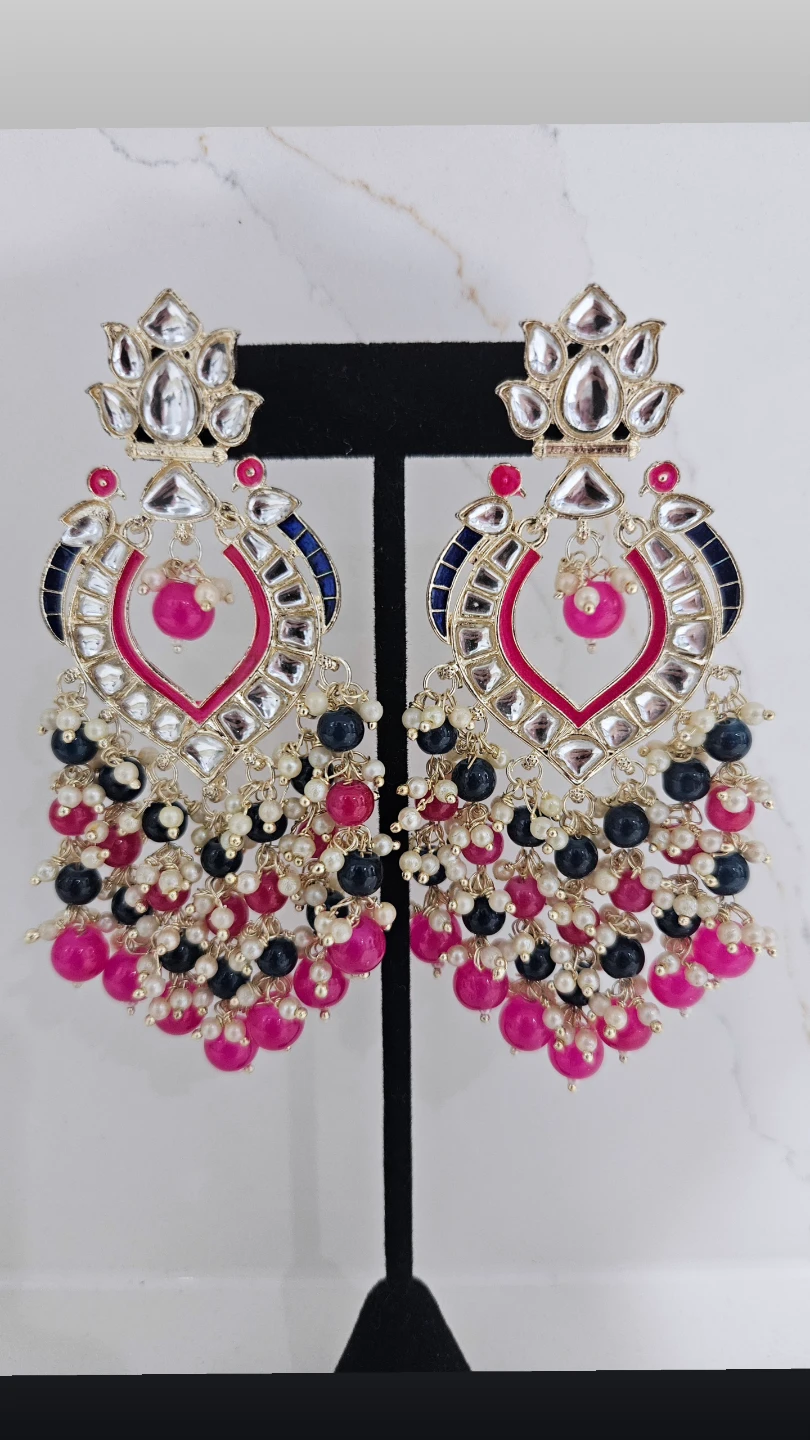 Gold Tone Chandelier Earrings with Pink, Blue, and Pearl Beads