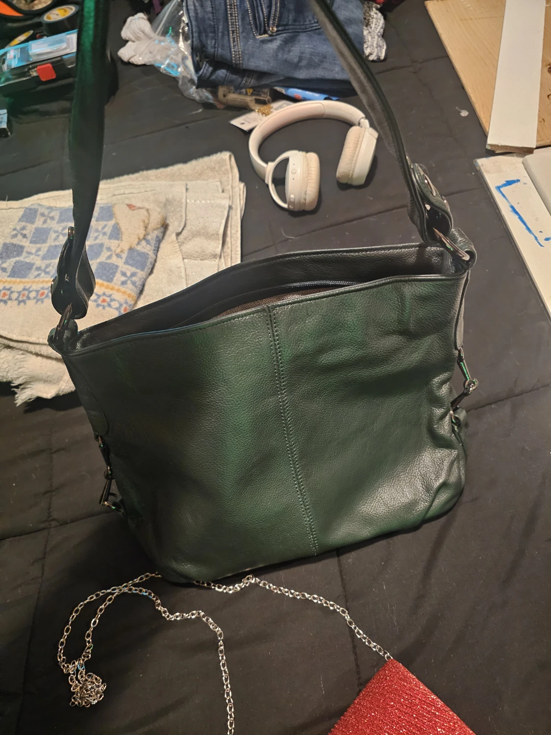 Dark Green Faux Leather Shoulder Bag - photo 2