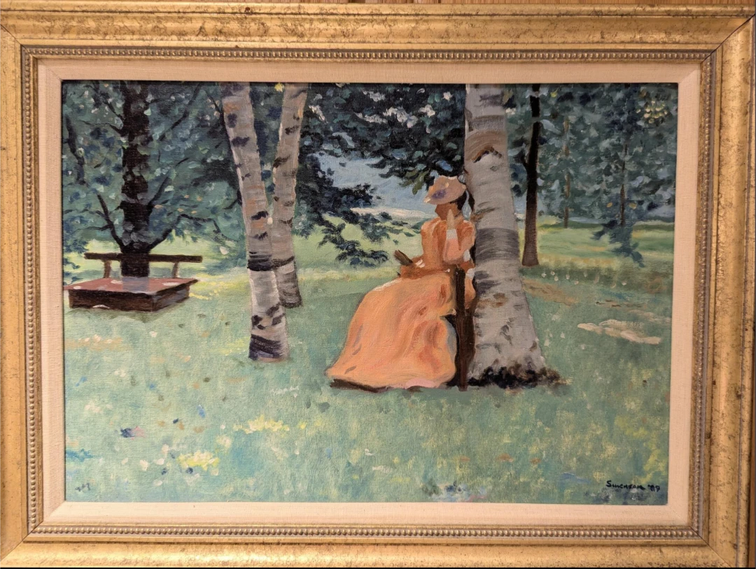 Oil Painting of Woman in Orange Dress by Birch Trees