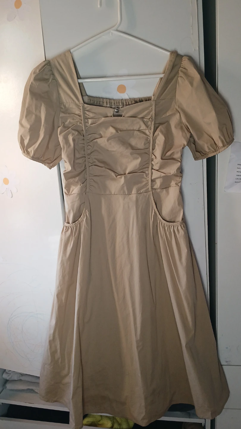Women's Beige Puff Sleeve Square Neck Dress with Pockets - photo 2