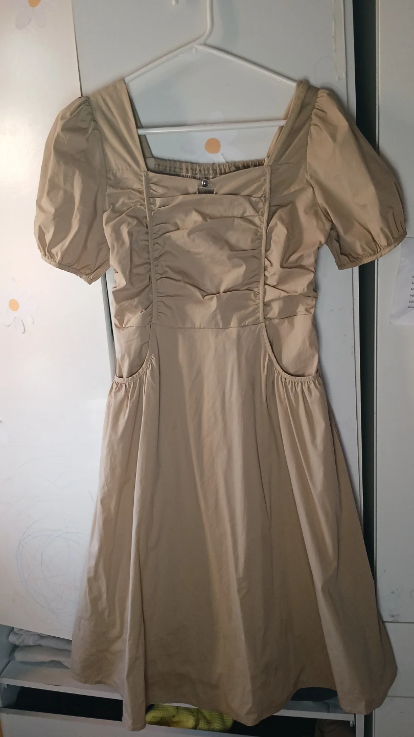 Women's Beige Puff Sleeve Square Neck Dress with Pockets - photo 3