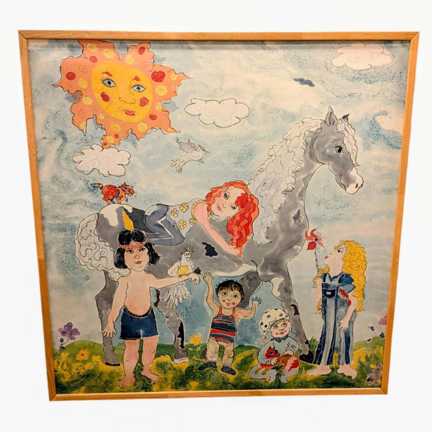 Extra large hand-painted silk "Children and Horse in the Garden.