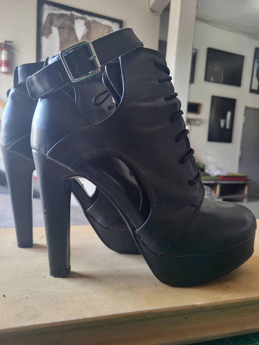 Black Faux Leather Cutout Lace-Up Platform Heels