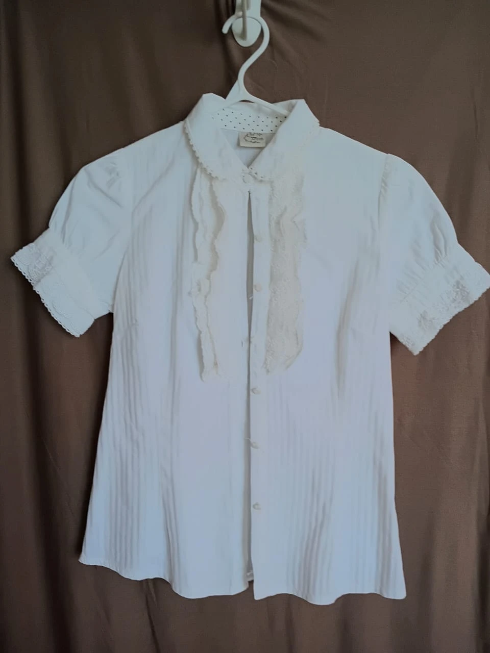 White Short Sleeve Cotton Blouse with Lace Detail - photo 2