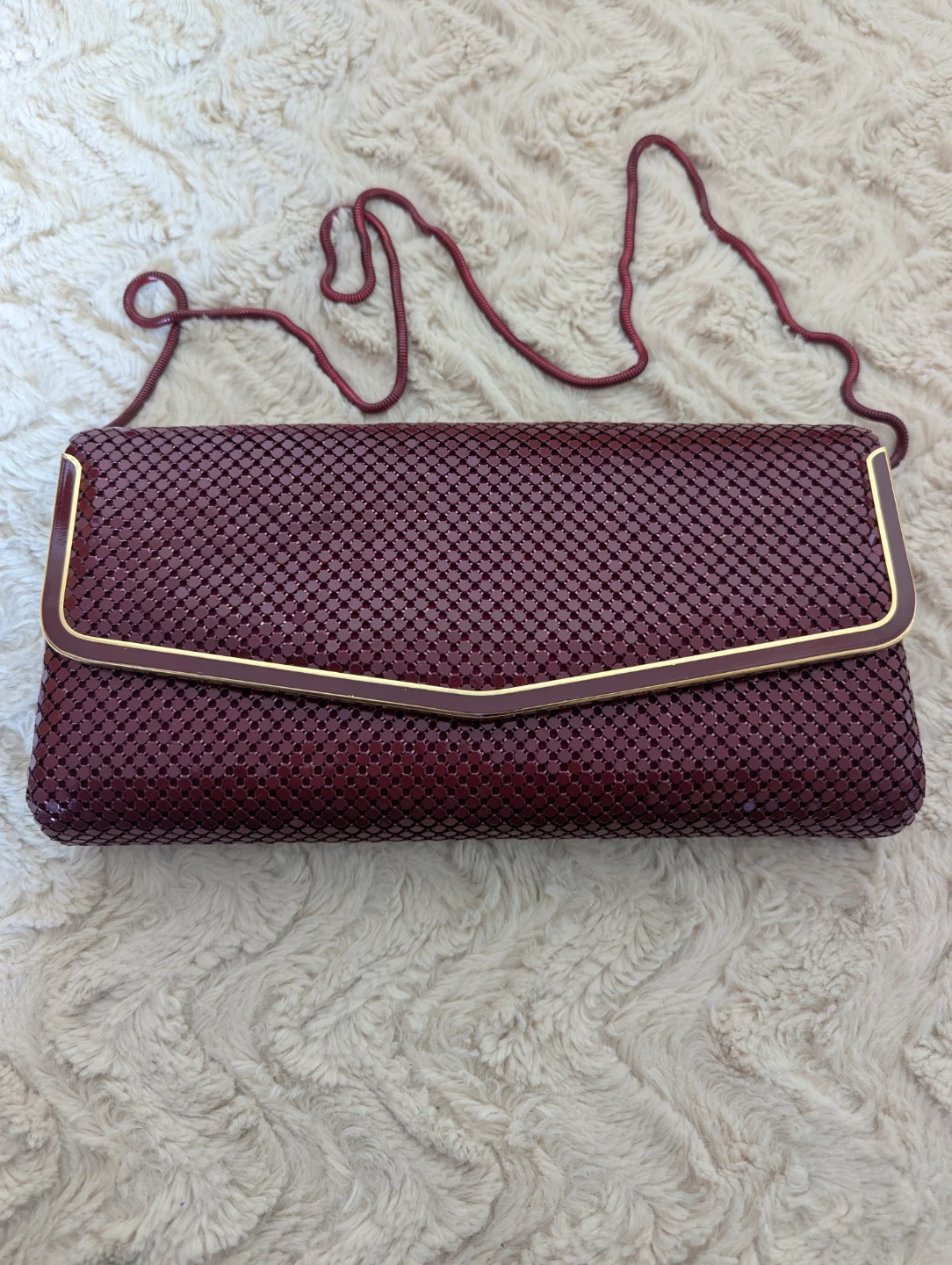 Burgundy Mesh Clutch Purse with Gold Trim