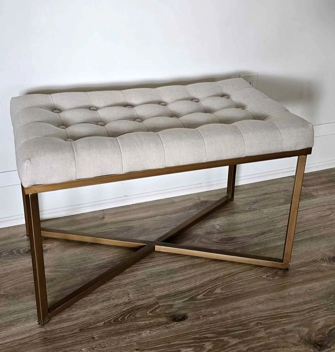 Tufted Upholstered Bench with Gold Metal Base