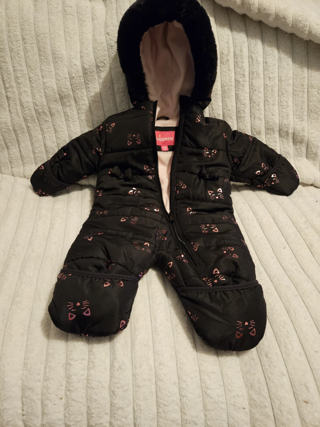 Wippette Baby Black Cat Print Puffer Snowsuit with Fur Hood