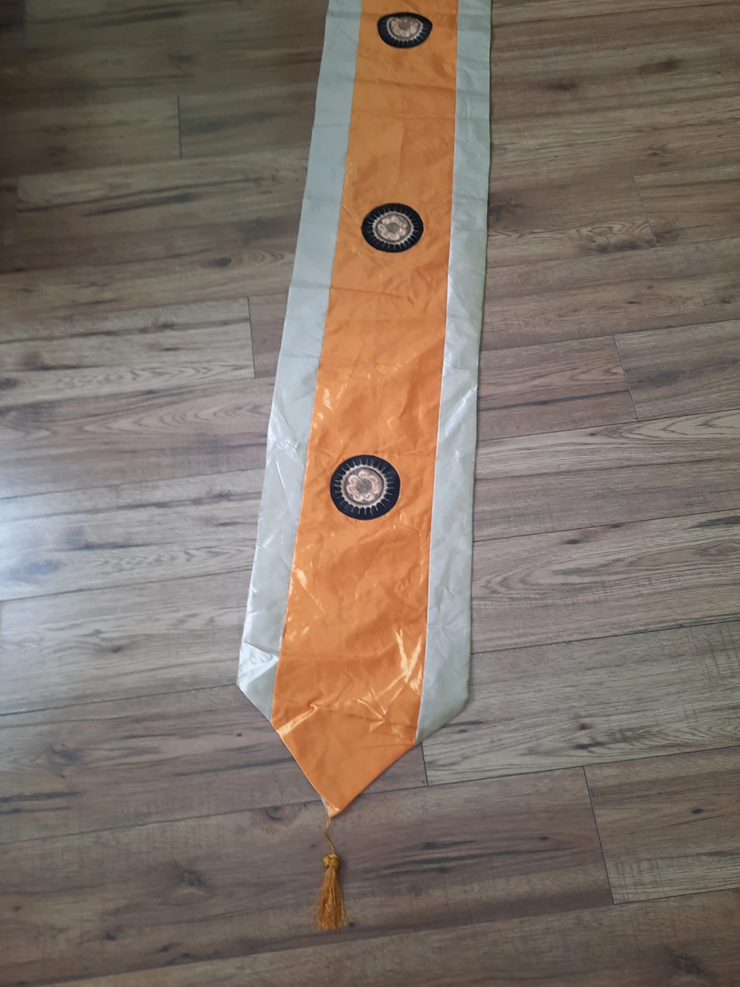 Orange and Grey Table Runner with Embroidered Medallions