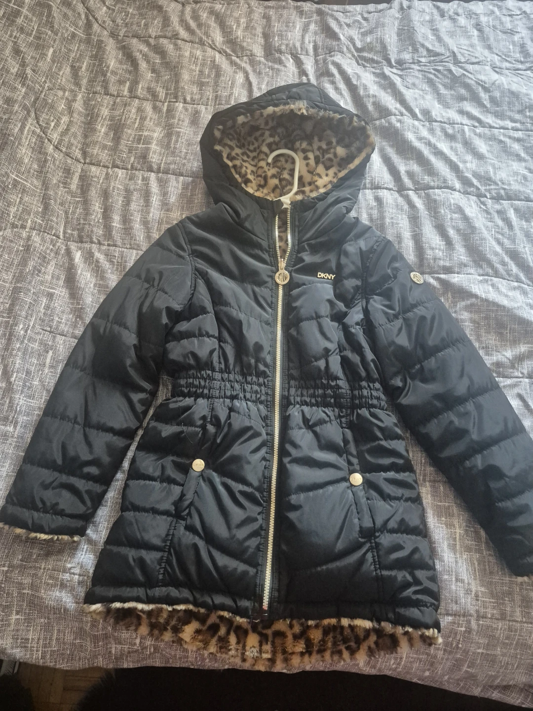 DKNY Black Puffer Coat with Leopard Print Hood