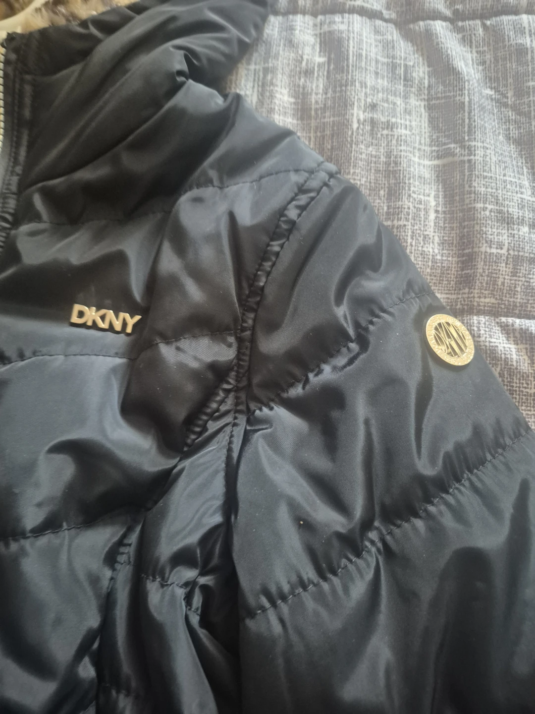 DKNY Black Puffer Coat with Leopard Print Hood - photo 2