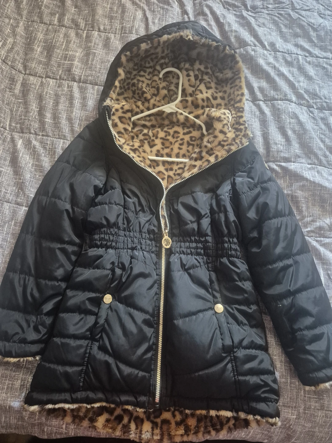 DKNY Black Puffer Coat with Leopard Print Hood - photo 3