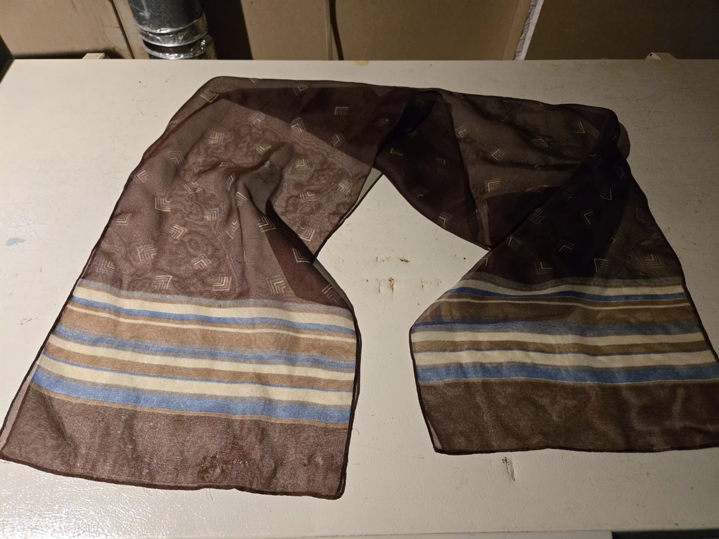 Vintage Brown Sheer Scarf with Geometric Pattern