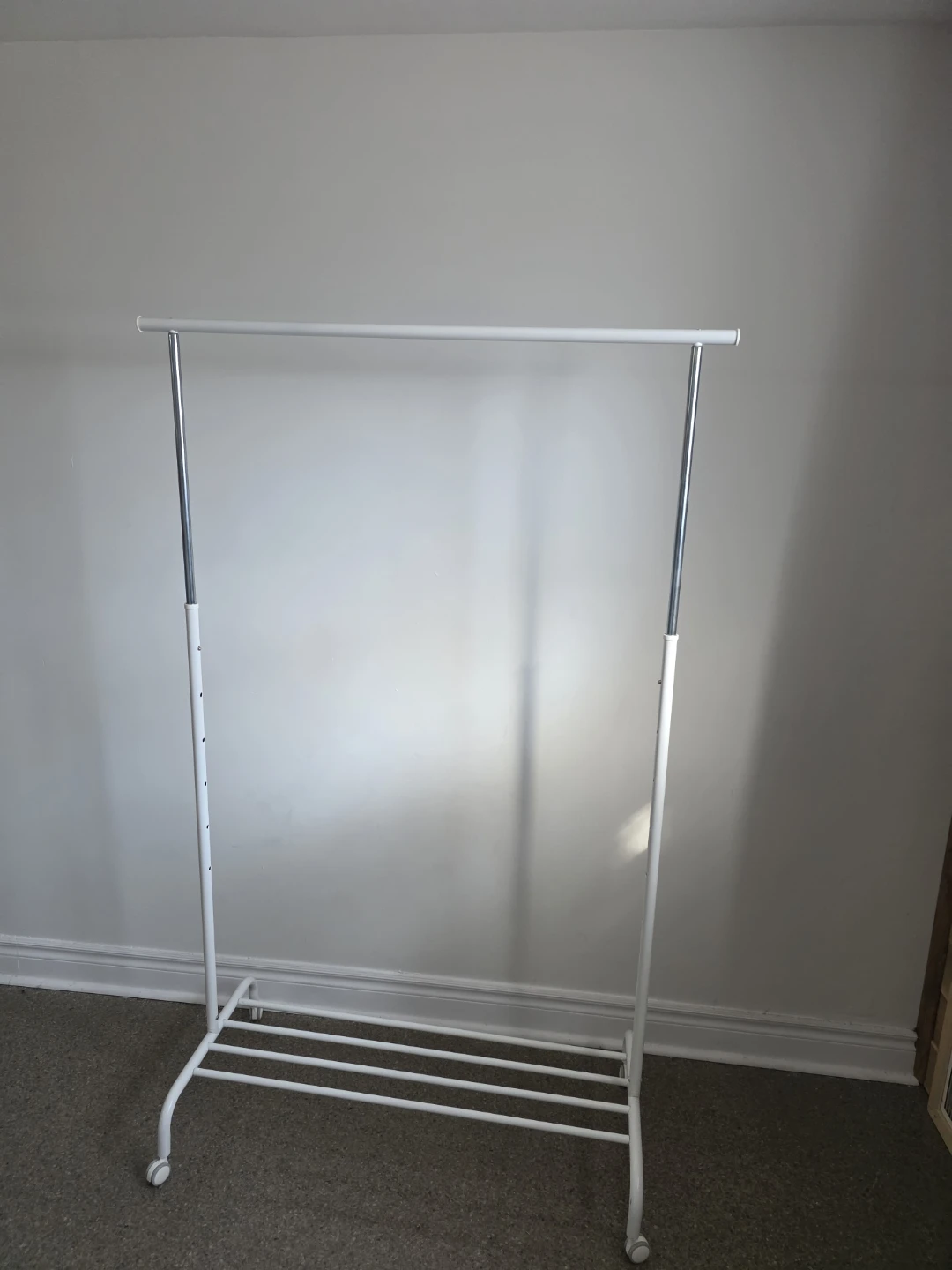 White Garment Rack with Wheels and Shelf