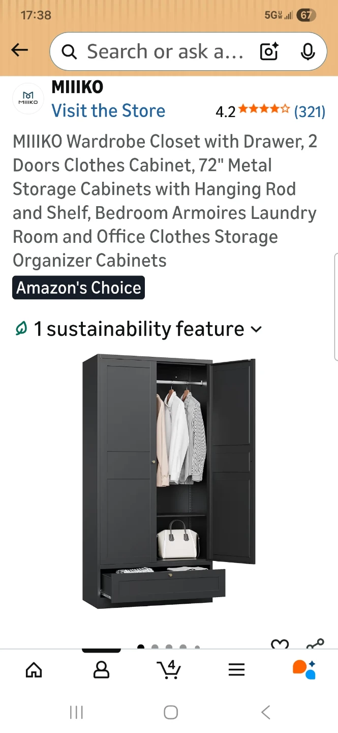 MIIKO Wardrobe Closet with Drawer, 2 Doors, 72" Black