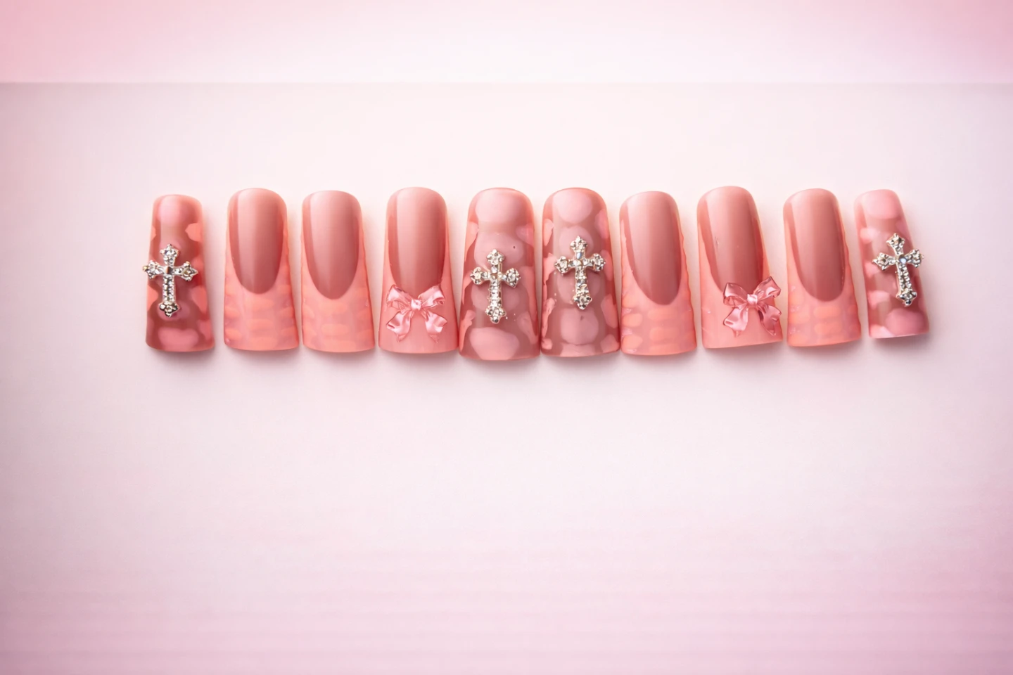Press On Nails - Pink with Cross and Bow Charms