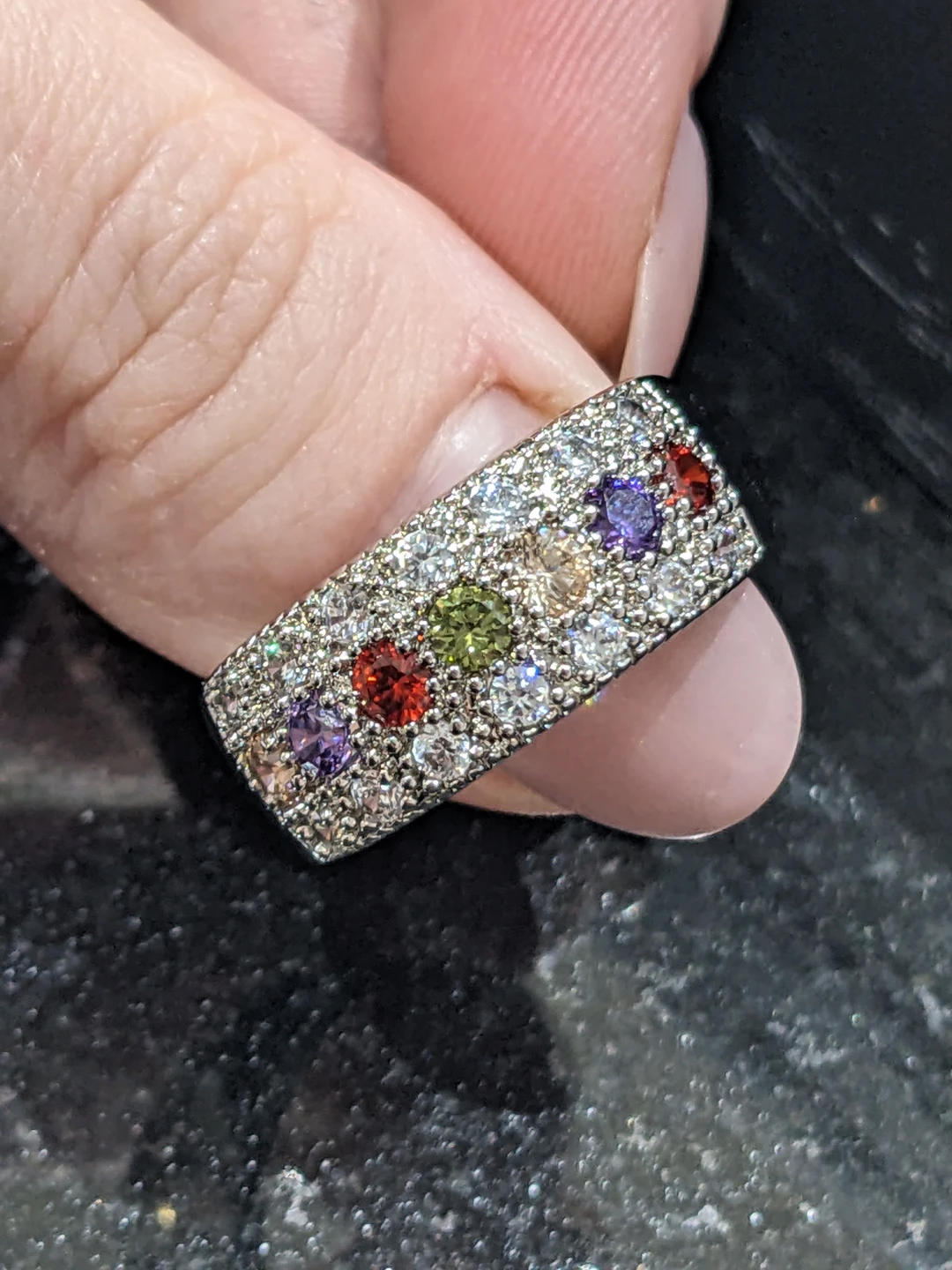 Size 8 Sterling Silver Band Ring with Multi-Colored CZ Stones