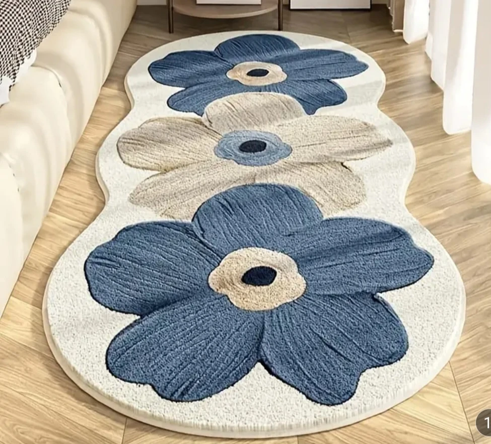 Blue and Beige Floral Accent Rug