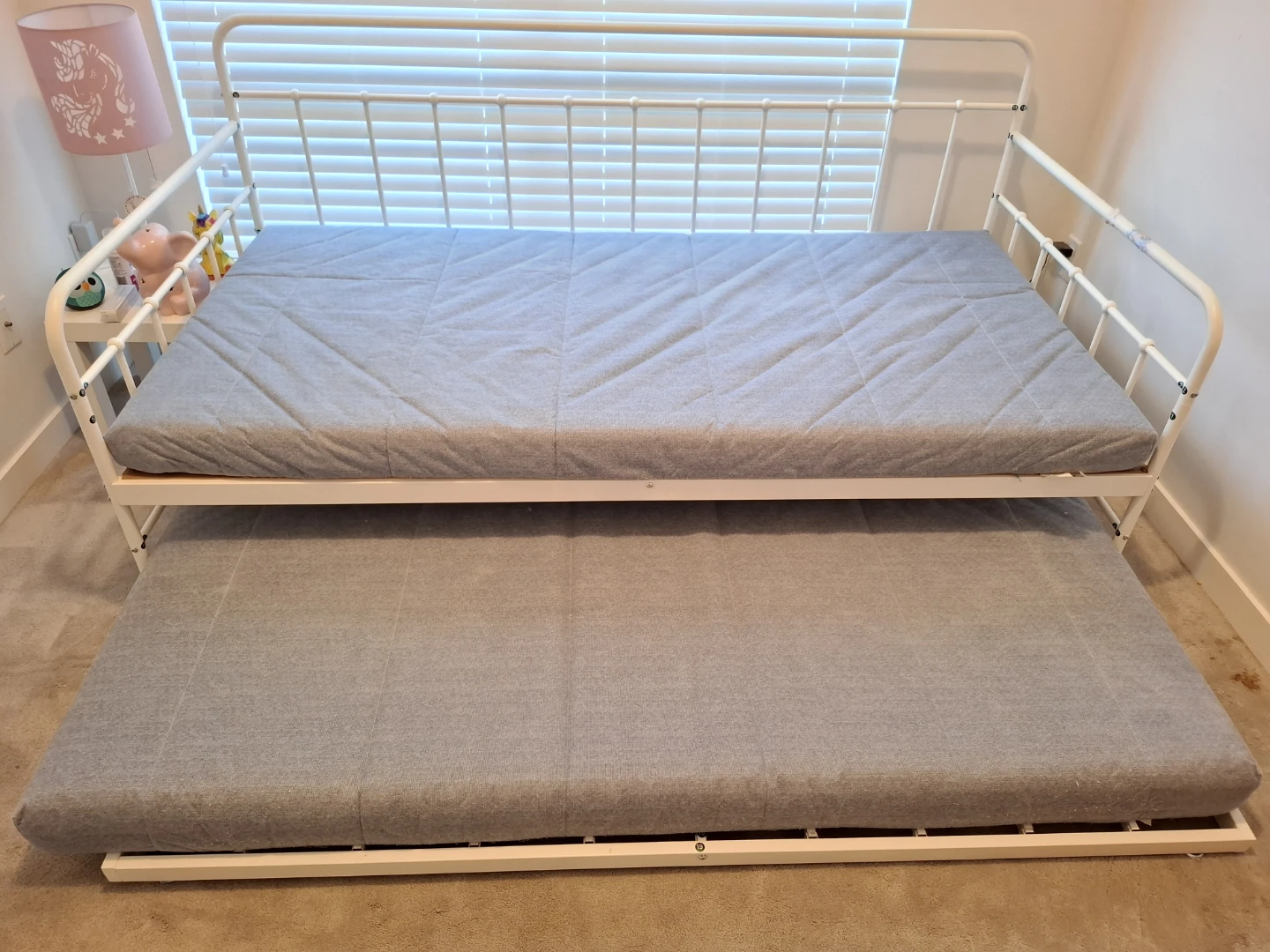 White Metal Daybed with Trundle and Grey Mattresses - photo 2