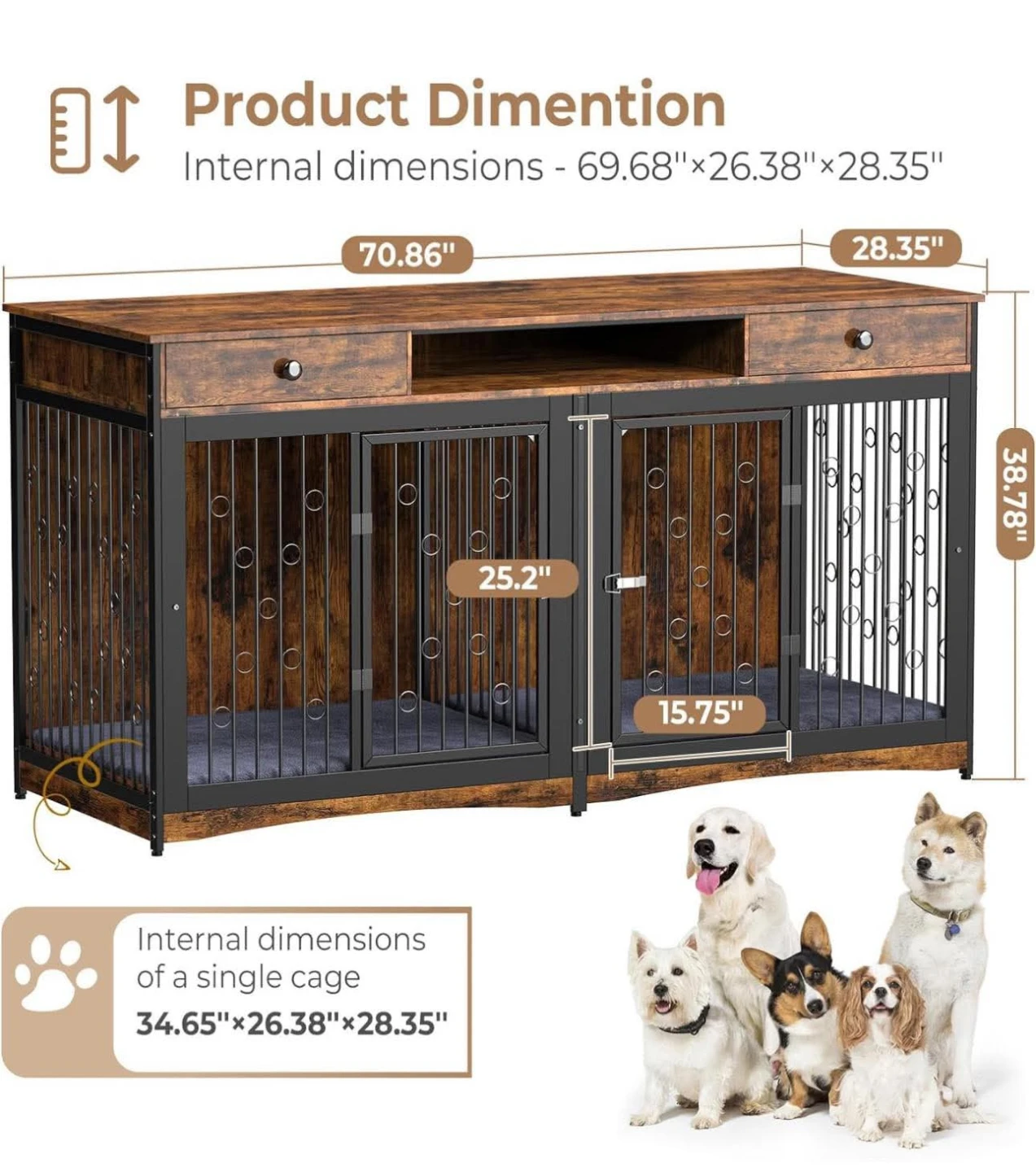70.86" heavy-duty double Dog Crate Furniture and TV Stand