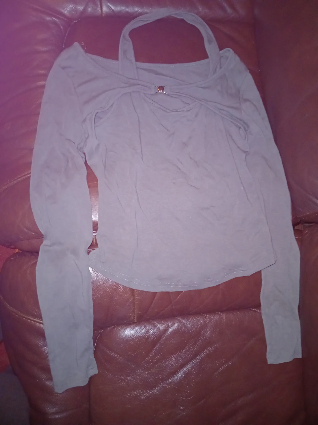 Grey Long Sleeve Top with Decorative Buckle