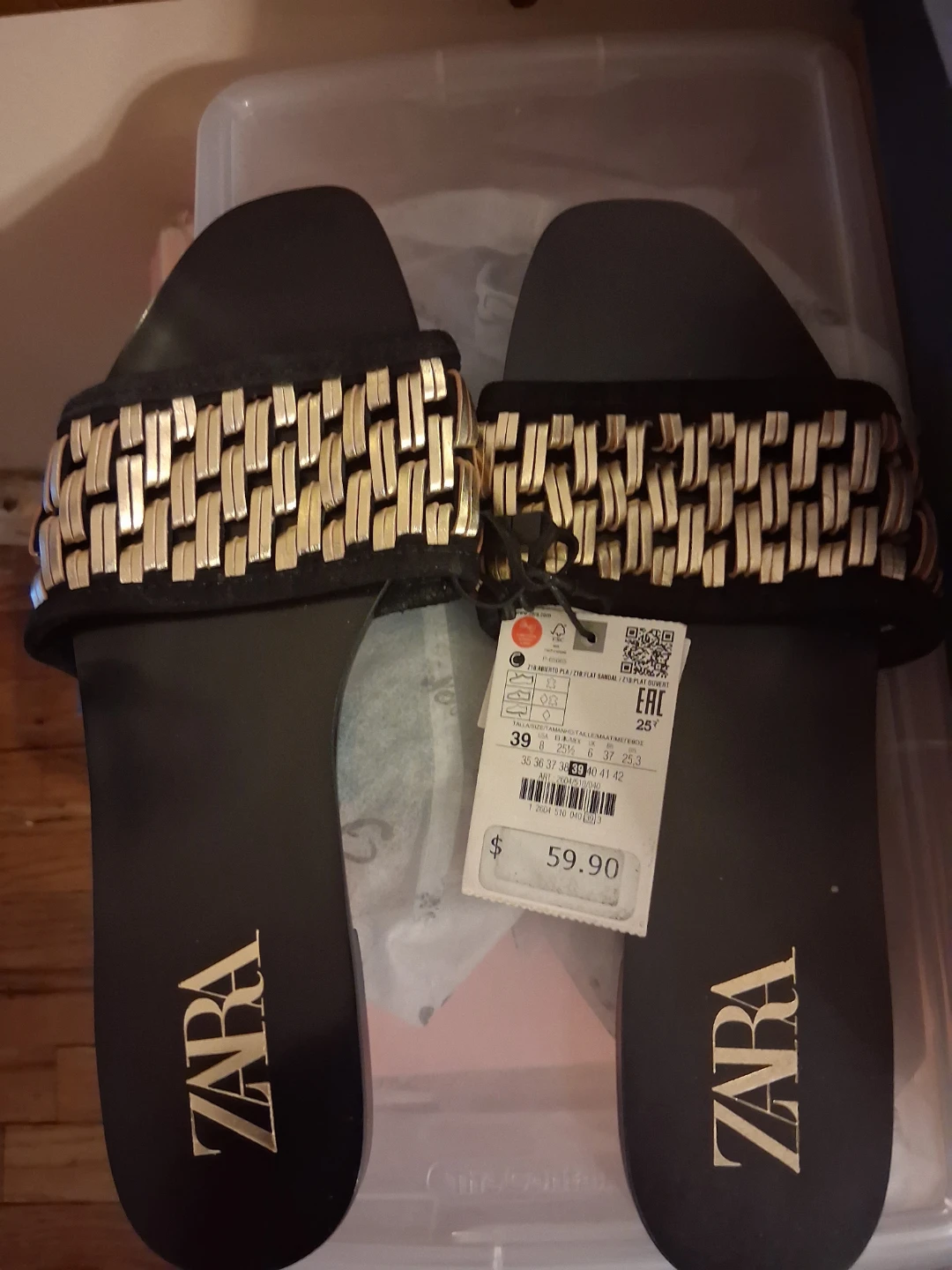 ZARA Black Slides with Gold Embellishment - Size 39