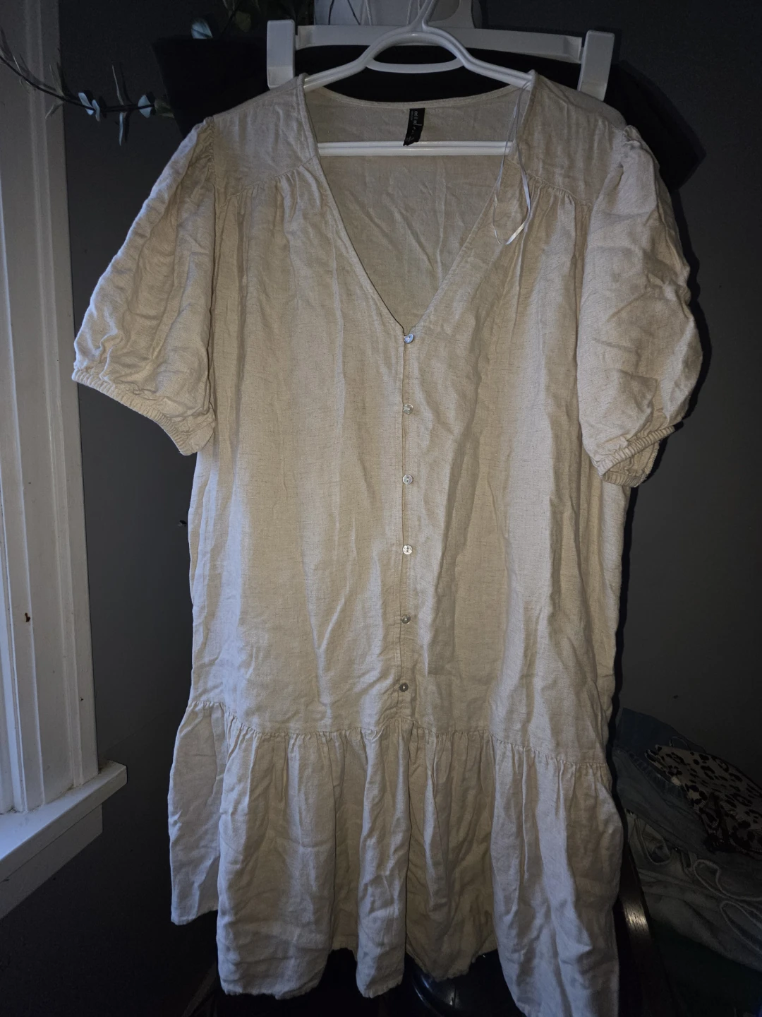 Beige Linen Blend V-Neck Button-Up Dress
