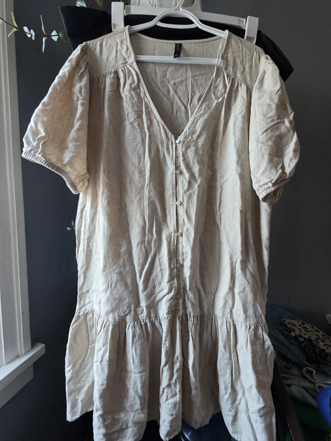 Beige Linen Blend V-Neck Button-Up Dress - photo 2