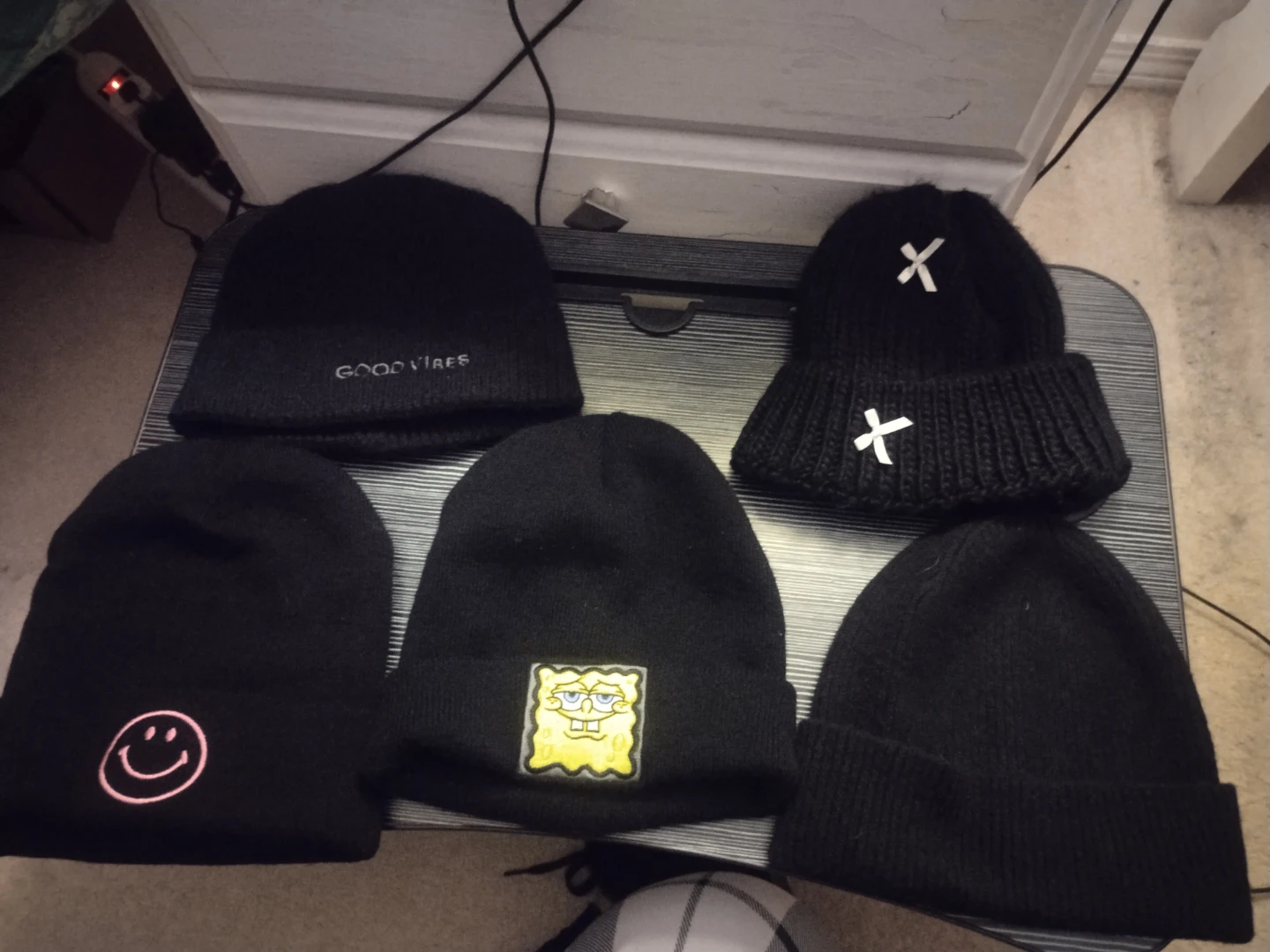 5 Black Beanies with Various Designs