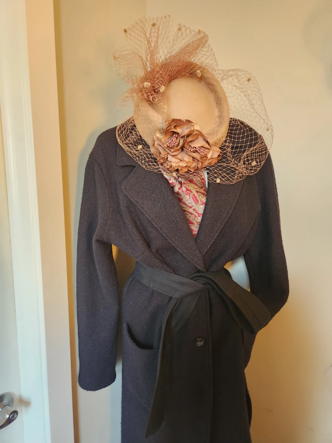 Black Belted Wool Blend Coat