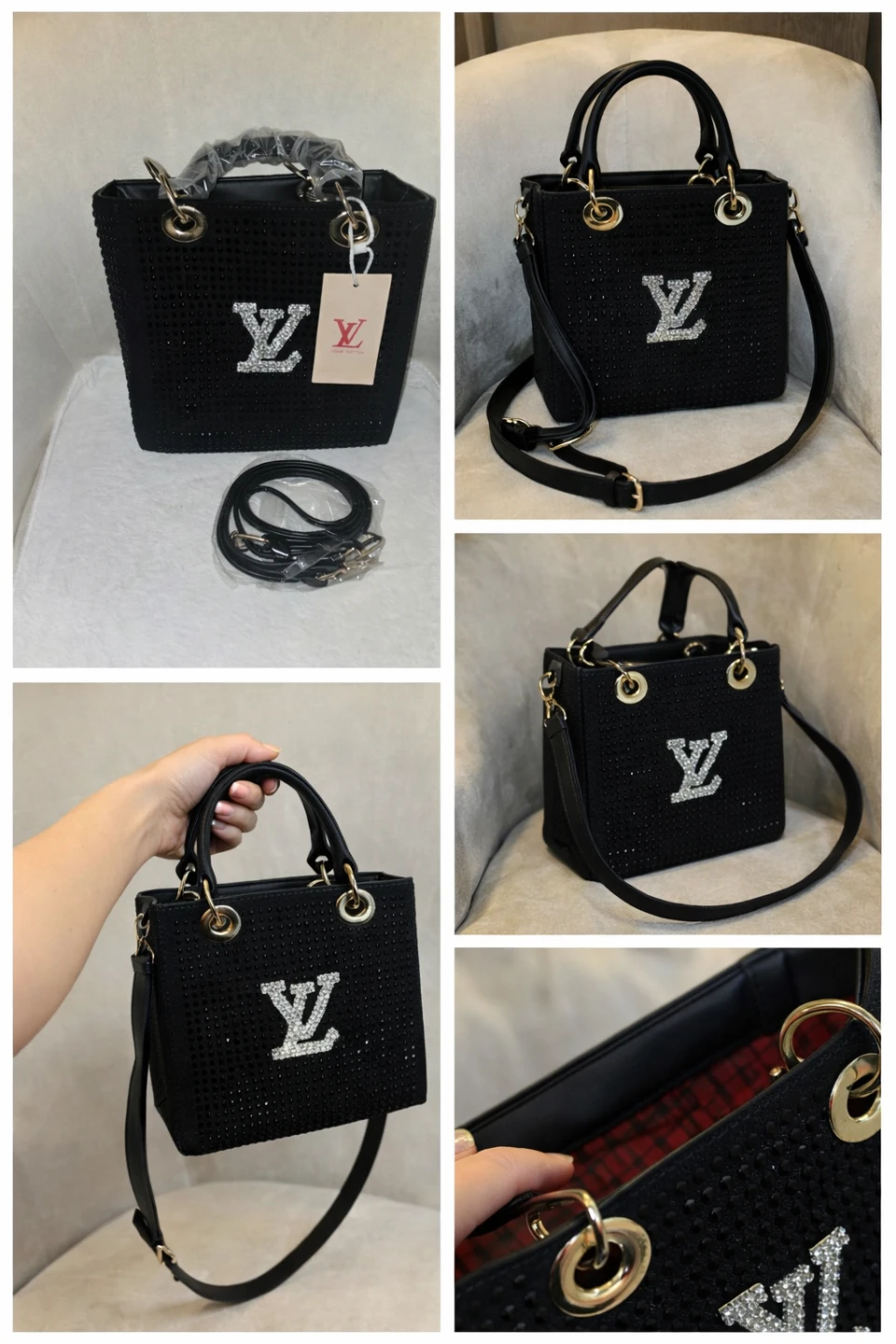 LV-Inspired Rhinestone Tote – Black w/ Red Interior